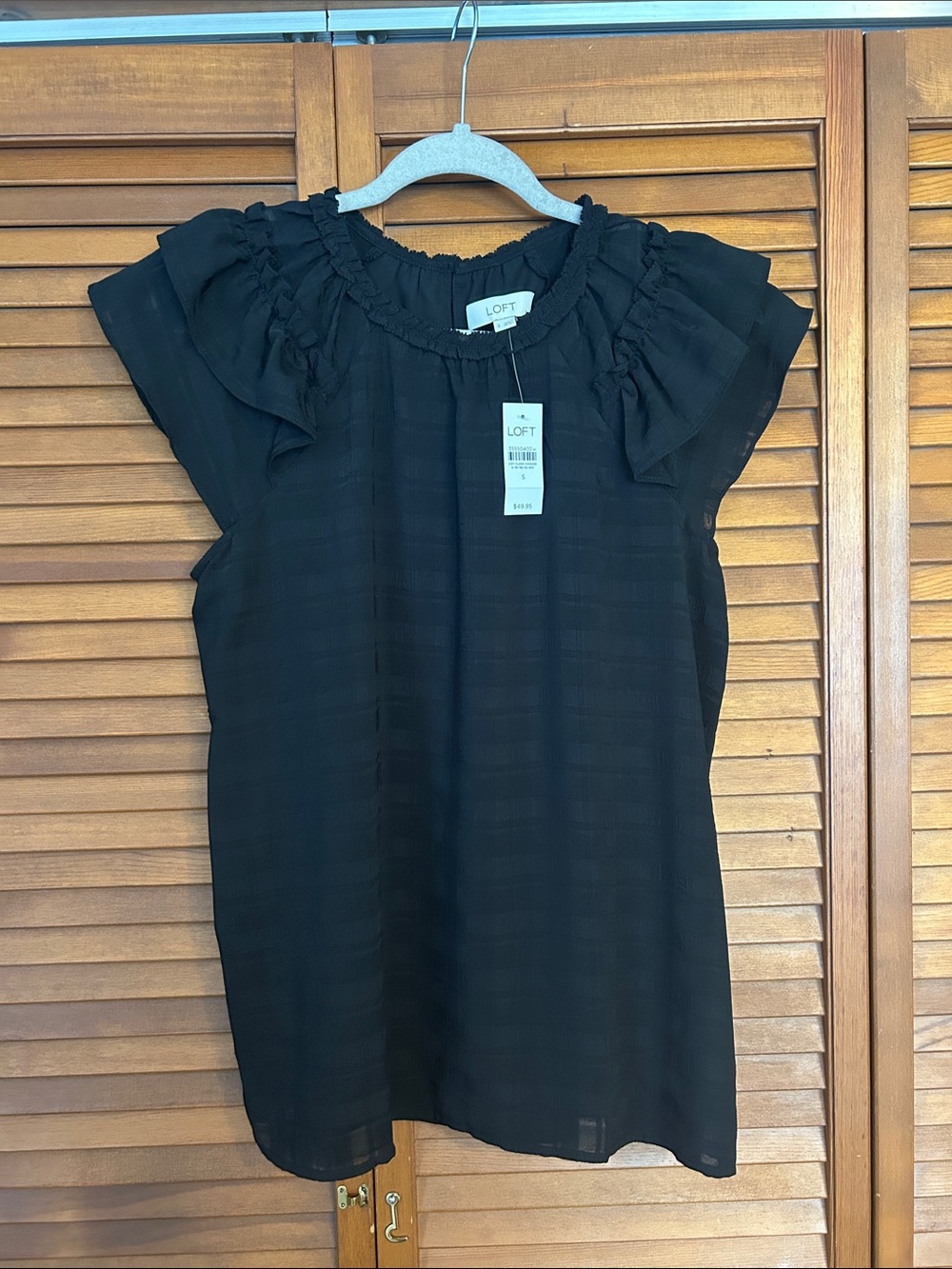LOFT Black Ruffle-Trim Short Sleeve Blouse